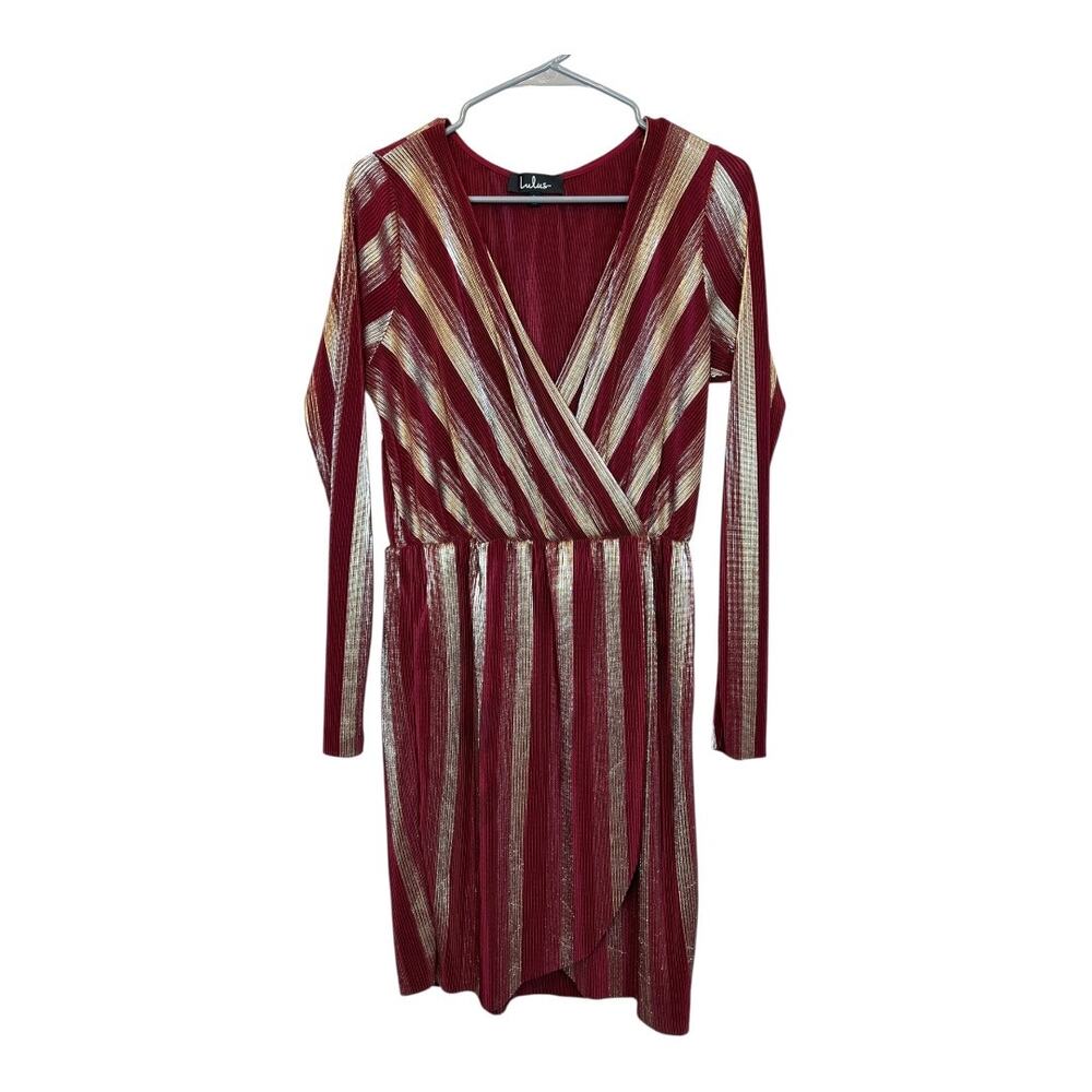 Lulu's Metallic Striped plunge Dress Retro Disco Party Girls Night L Micro Pleat
